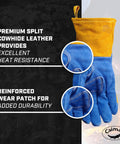 Premium Split Cowhide MIG And Stick Welding Gloves With Wool Lining Kontour Fit Kevlar Protection Blue And Gold Large