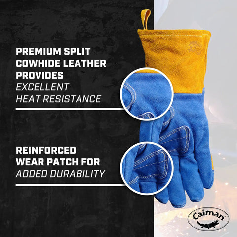 Premium Split Cowhide MIG And Stick Welding Gloves With Wool Lining Kontour Fit Kevlar Protection Blue And Gold Large