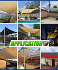 Collage of Beige 14 By 20 Feet Shade Sail With UPF50 Sun Protection in various outdoor settings, showing versatile use.