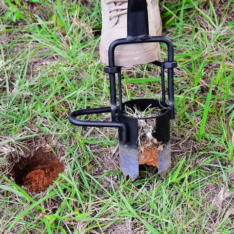 Long Handle Bulb Planter With Serrated Base For Easy Grass Plugging And Bulb Transplanting, tool digging hole in grassy soil.