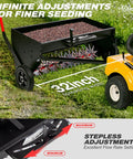 40 Inch Tow Behind Spiker Seeder Combo Aerator And Spreader For Lawn Care attached to tractor, showing steel hopper