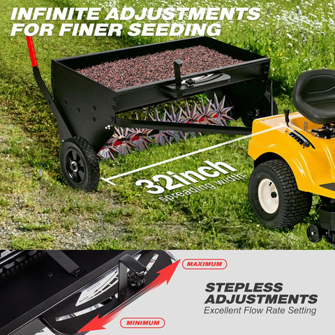 40 Inch Tow Behind Spiker Seeder Combo Aerator And Spreader For Lawn Care attached to tractor, showing steel hopper