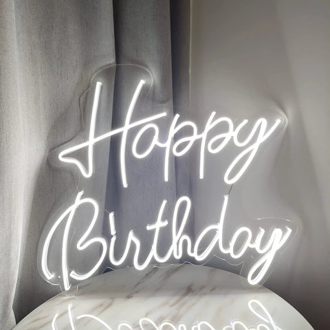 Happy Birthday Neon Sign LED Light, Large Silicone Neon, 16.9 X 6.7 Inches, Modern Wall Mount Decor, USB Powered, Cool White Glow