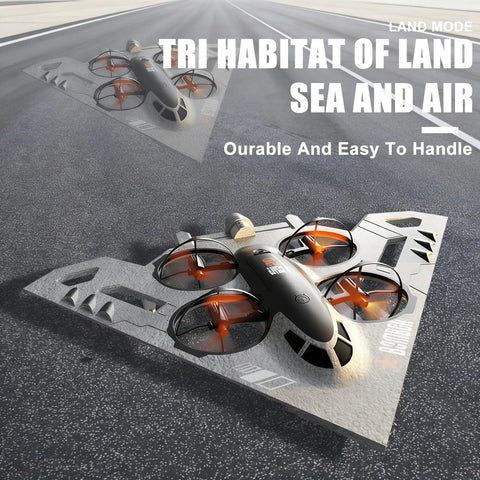 Triple Threat RC Drone For Land Sea And Air With 360 Flip And Three Driving Modes Collision Protection Foam Toy on road
