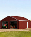Straight Up 45X25 Ft Steel Barn Built With Heavy 14 Gauge Beams For Rigs Trucks And Tonnage Gear, featuring two tractors.