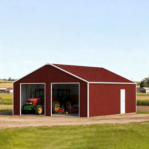 Straight Up 45X25 Ft Steel Barn Built With Heavy 14 Gauge Beams For Rigs Trucks And Tonnage Gear, featuring two tractors.