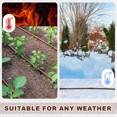 328 Foot Quarter Inch Drip Irrigation Tubing Kit With Six Inch Emitter Spacing shown in garden beds during summer and winter.