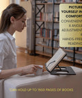Woman using Oak Wood Book Stand With Adjustable Tilt for reading on a sofa, showing 8 angle adjustment feature, hands-free use