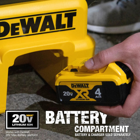 Hand inserting 20V Max lithium-ion battery into Outdoor Portable Propane Forced Air Heater 70,000 BTU Heats Up To 1,750 Sq Ft