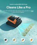 Sora 30 Pool Vacuum Robot 4 In 1 Cleaner capturing debris in pool, showing 6800 GPH suction power, vibrant orange casing.