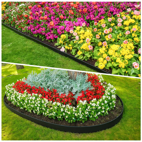 No Dig Landscape Edging Kit With 3 Rolls 33 Feet Each And 150 Spikes bordering colorful flowerbeds in a garden