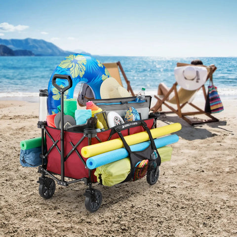 Heavy Duty Collapsible Outdoor Utility Wagon With Oversized 36 By 21 By 15 Bed And 150 Pound Capacity Red Foldable Rolling Cart With Cup Holders And Pockets for beach use