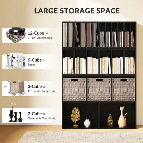 DIY Modular Cube Bookcase System With 23 Cube Open Shelves Stackable And Expandable Cube Set For Books Fabric Storage Bins And 7 To 10 Inch Vinyl Record Organizer Black