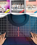 XL Size T Shirt Ruler Guide for Perfect Vinyl Alignment and Center Design Placement, DTF Template front view on blue tee.