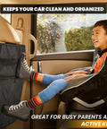 Child using Backseat Car Seat Protector And Organizer Set Waterproof Kick Mats For Kids 2 Pack With Built In Storage Pockets Dirt Mud Scratch Guard And Easy Cleanup Travel Accessory For A Cleaner Ride on a car seat