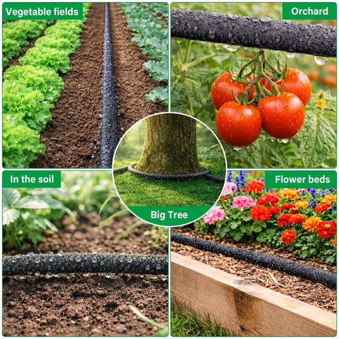 Drip Irrigation System With 100 Ft Quarter Inch Soaker Hose And 10 Ft Half Inch Tubing For Raised Beds, Veggies, Lawn, And Greenhouse