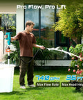 Person using Cordless Water Transfer Pump With Two 4.0Ah Batteries Included, 740 GPH Portable Submersible Pump in garden