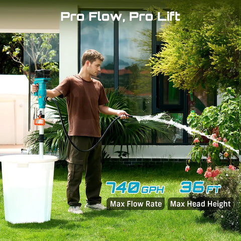 Person using Cordless Water Transfer Pump With Two 4.0Ah Batteries Included, 740 GPH Portable Submersible Pump in garden