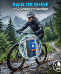 High Output 48V 21Ah LiFePO4 Battery Featuring Auto Grade Cells And A Badass Alloy Armor Shell, in use during rain on a mountain bike.