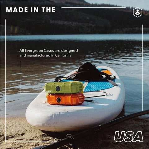 EDC 56 Dry Box Go-To Tough Protective Case Made in USA on paddleboard, Orange TOPO Finish, Rugged Weatherproof Polycarbonate