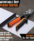 Beast Heavy Duty Snap Lock Punch Notcher with safety lock, ergonomic grip, and orange handles on a metal sheet; tool for gutter work.