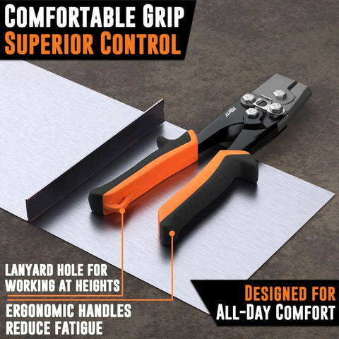 Beast Heavy Duty Snap Lock Punch Notcher with safety lock, ergonomic grip, and orange handles on a metal sheet; tool for gutter work.