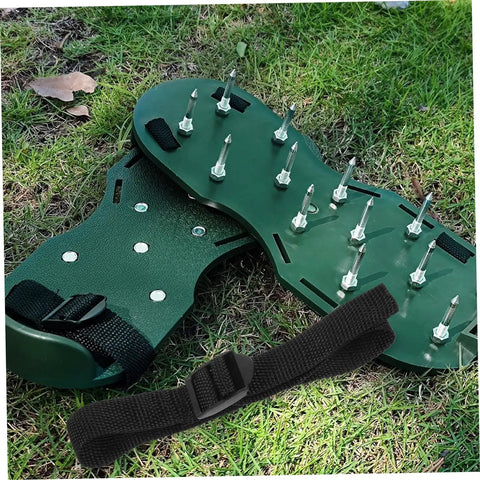 Close-up of Eight Pack Lawn Aerator Sandals with Spike Straps on grass, showcasing nylon spikes and straps for outdoor yard work.