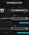 Dimensions and design of Pocket Knife 2 In 1 EDC Keychain Tweezers Multitool Box Cutter Retractable Utility Knife Black