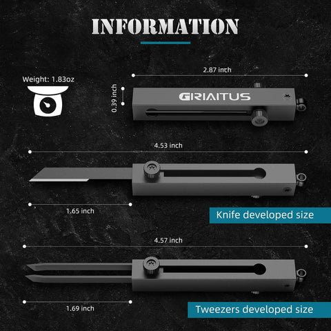 Dimensions and design of Pocket Knife 2 In 1 EDC Keychain Tweezers Multitool Box Cutter Retractable Utility Knife Black