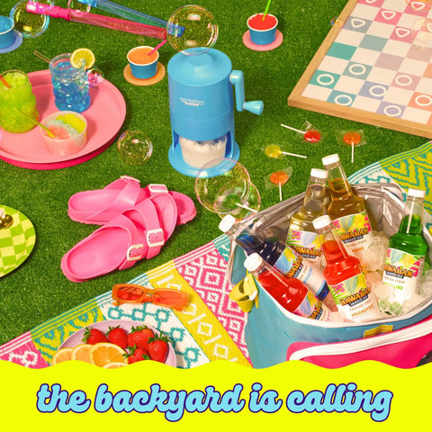 Electric Shaved Ice Machine Kit With Bold Syrup Blends And Twenty Slurp Season Cups on a vibrant summer picnic setup.
