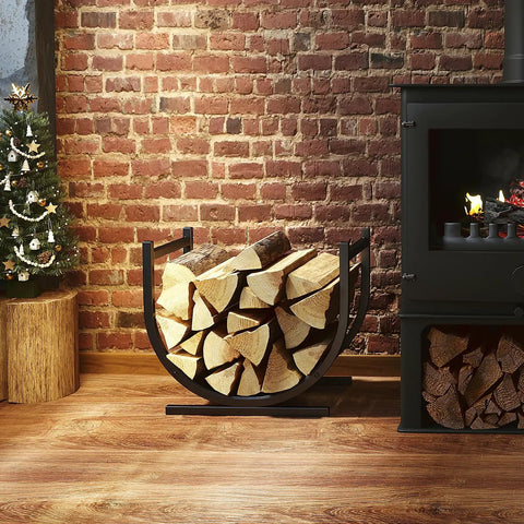 Indoor Firewood Rack And Log Holder For Fireside, Sturdy Steel Construction With Powder Coating, beside fireplace