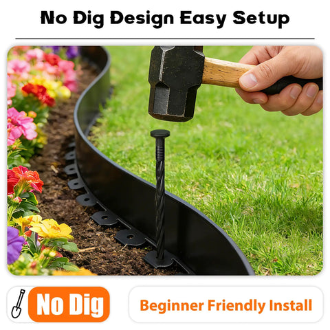 Super Handy 4 Inch Tall Landscape Edging Kit with 120 Feet of Flexible Garden Border and 210 Spikes being installed with a hammer