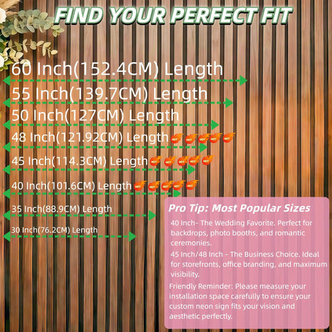 Chart displaying size options for Personalized Neon Sign For Weddings And Events Dope Custom LED Light Sign with lengths from 30 to 60 inches.