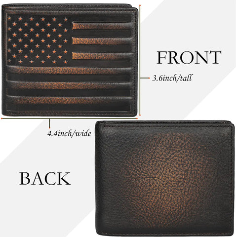 Front and back view of USA Flag Bifold Wallet For Men With RFID Blocking Full Grain Leather Hand Burnished Design Extra Capacity.