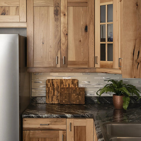 Solid Core Kitchen Cabinet Pulls 10 Pack Heavy Duty Stainless Steel Handles For Cabinets Doors And Dressers Three And Three Quarters Inch Hole Center Luxe Skylight Collection Top Shelf Hardware installed on wooden cabinets in kitchen.