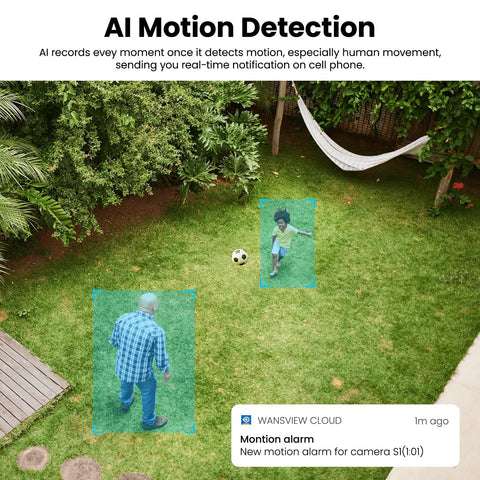 AI motion detection feature of Solar Powered Outdoor Security Camera With 2K Video, No Wires, AI Motion Detection And Siren, Color Night Vision in a backyard.