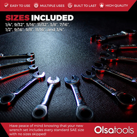 Compact Stubby 11pc SAE Ratchet Wrench Set With 120 Tooth Precision Chrome Vanadium Steel For Reaching Tight Spots And Boss Engine Work Space Saving Tools