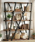 Dope Rustic Industrial 67 Inch Bookcase With Metal And Wood Shelves 5 Tier Tall Open Display Shelf Vintage Brown Home Office