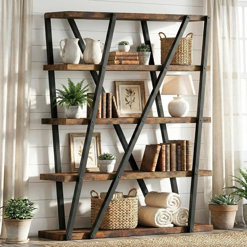 Dope Rustic Industrial 67 Inch Bookcase With Metal And Wood Shelves 5 Tier Tall Open Display Shelf Vintage Brown Home Office