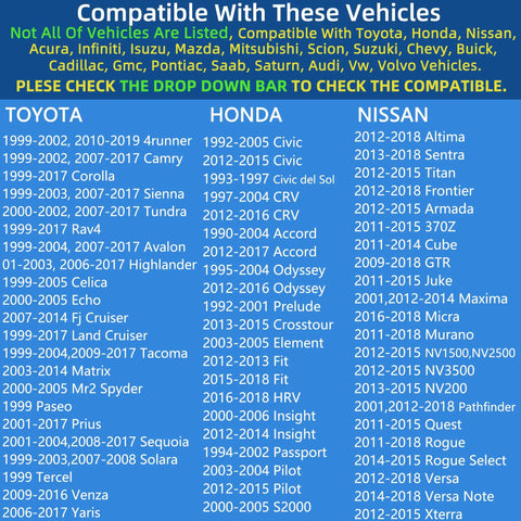 Chevy Locking Gas Cap 31780 compatibility chart for Toyota, Honda, Nissan, and other models.