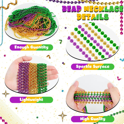 Mardi Gras Beads Necklaces 24 Pack, 33 Inch Round Beads In Green Purple Gold, with Enough Quantity and High Quality Features