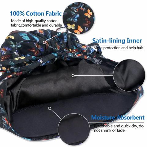 Adjustable Satin Lined Working Cap With Button, inside view showing satin lining, cotton fabric and moisture absorbent features