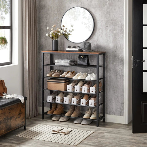 Ditch The Closet Mess With This Giant Shoe Rack Featuring Adjustable Metal Mesh Shelves For Entryway Or Mudroom Park Dozens Of Daily Kicks Rustic Brown Storage Unit with five tiers and mixed footwear.