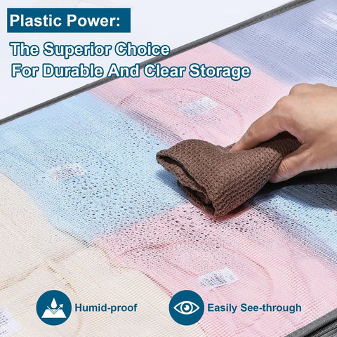 Two Pack Under Bed Storage Bins With Humidity Proof Clear Plastic See Through Design shown in close-up with hand wiping surface