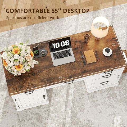 Top view of 55 Inch Farmhouse Style Computer Desk With Drawers And File Cabinet Built In USB Charging Station White Finish