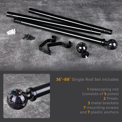 Set of Heavy Duty Black Curtain Rod For Windows 48 To 84 Inches, 1 Inch Adjustable Drapery Rod With Crystal Ball Finials