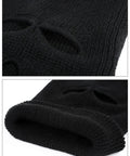 Close-up of Three Hole Full Face Balaclava Gaiter for Outdoor Sports and Cycling Knit Ski Mask with Sun Protection, Black Medium.