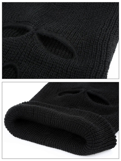 Close-up of Three Hole Full Face Balaclava Gaiter for Outdoor Sports and Cycling Knit Ski Mask with Sun Protection, Black Medium.