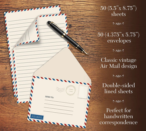 Vintage Airmail Mini Stationery Set With Fifty Lined Sheets And Fifty Matching Envelopes, Five And A Half By Eight And A Quarter Inches, Double Sided Printing, Double Side Lined Paper, Great For Notes And Letters on a wooden desk with pen