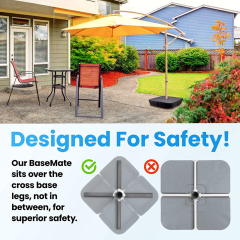 BaseMate 4 Piece EVA Umbrella Base Weights Up To 200 Lb for Cantilever Offset and Regular Square Bases in patio setting with safety information
